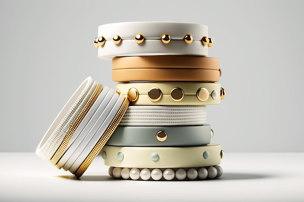 Pile de bracelets minimalistes sur fond blanc créés avec une IA générative