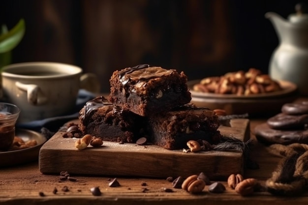 Une pile de brownies au chocolat avec un bol blanc de noix sur le côté.