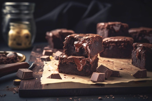 Une pile de brownies au chocolat avec un fond sombre