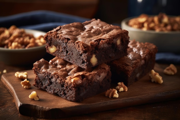 Une pile de brownies au chocolat avec des noix sur le dessus