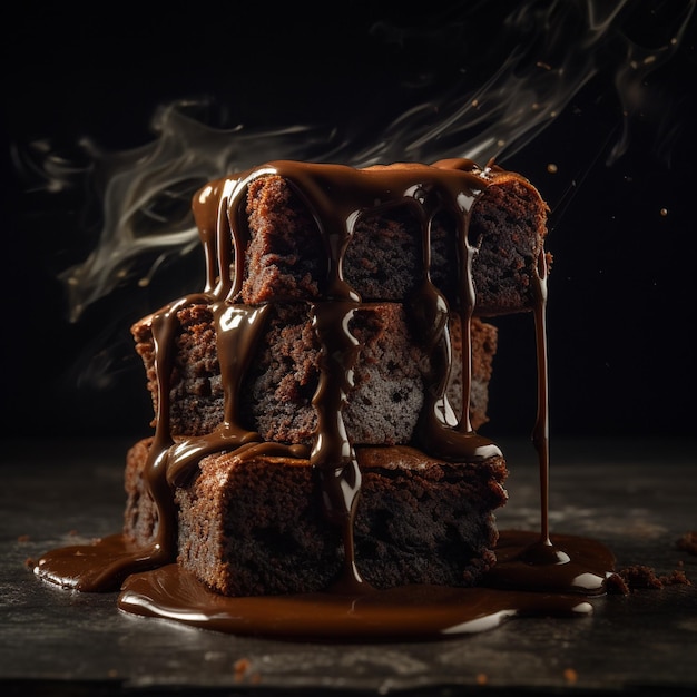 Une pile de brownies avec un filet de sauce au chocolat sur le dessus.