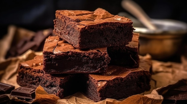 Une pile de brownies avec un qui dit "chocolat" dessus