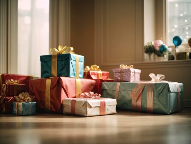 une pile de cadeaux assis sur le sol devant une fenêtre