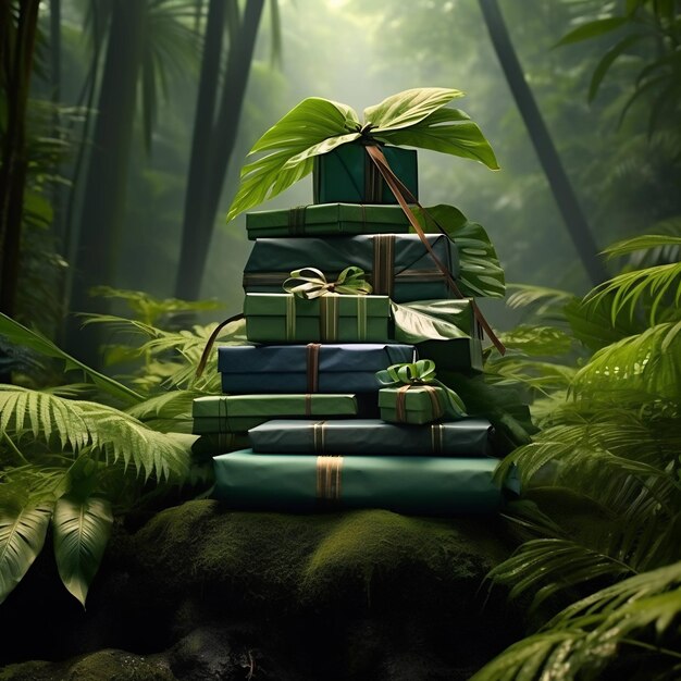une pile de cadeaux dans la jungle avec un fond vert