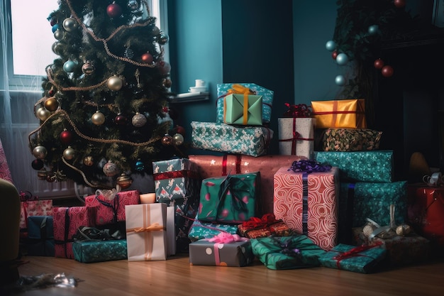 Pile de cadeaux emballés dans différentes couleurs et formes sur le sol à côté d'un arbre décoré