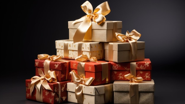 Une pile de cadeaux de Noël joliment emballés