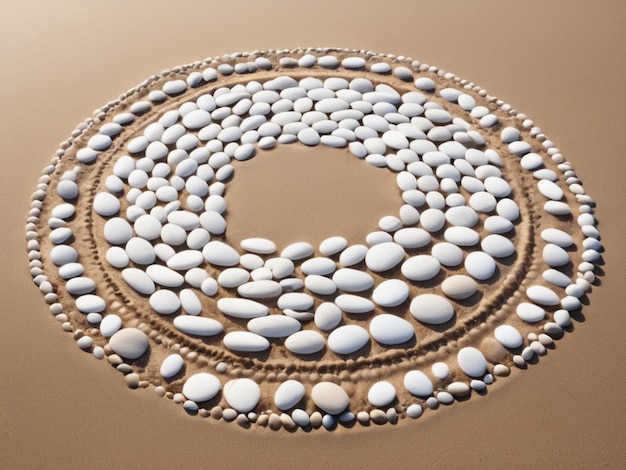 Une pile de cailloux blancs formant un motif circulaire sur une plage de sable