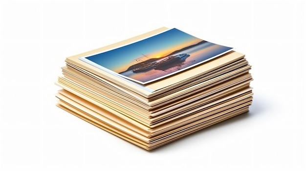 Photo une pile de cartes postales avec un coucher de soleil en arrière-plan.