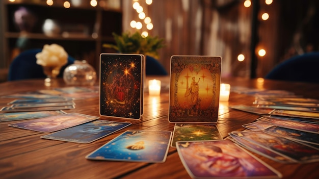 Photo une pile de cartes de tarot sur le dessus de la table entourée de plusieurs objets occultes.