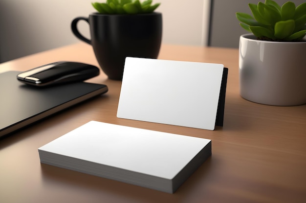 Photo une pile de cartes de visite blanches sur un bureau en bois avec une plante en arrière-plan.