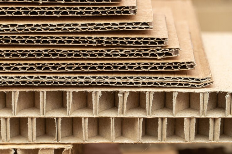 Photo pile de carton pour l'emballage avec des cellules en arrière-plan