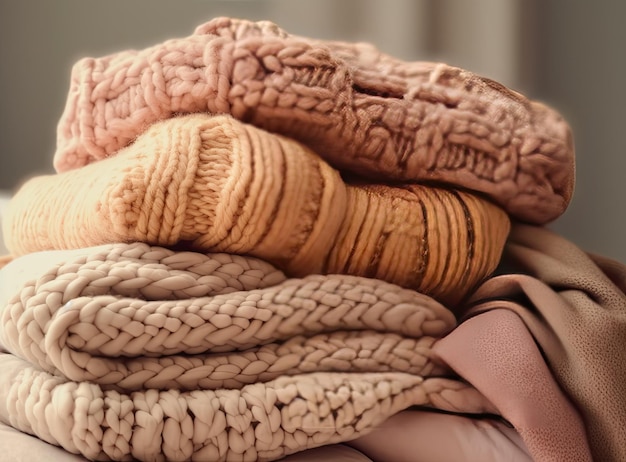 Photo pile de chandails chauds et confortables pour femmes, vêtements d'automne ou d'hiver confortables