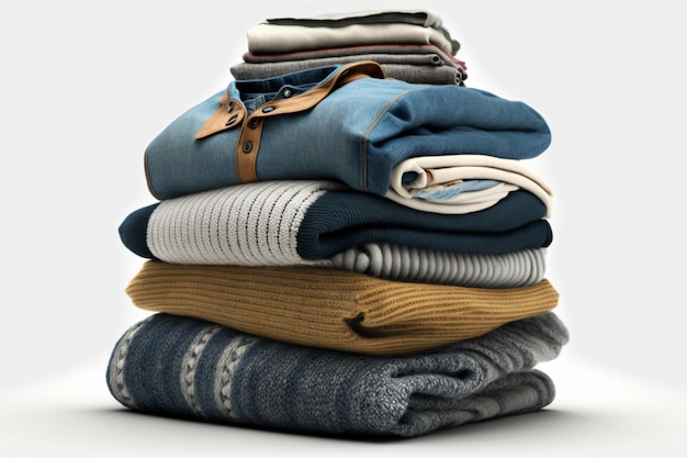 Pile de chandails de jeans de vêtements sur un isolement de fond blanc