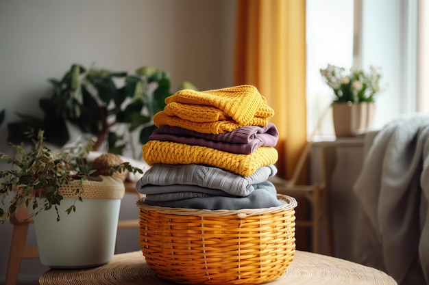 Pile de chandails tricotés dans le panier à la maison