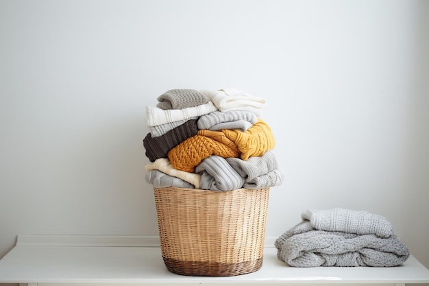Pile de chandails tricotés dans le panier