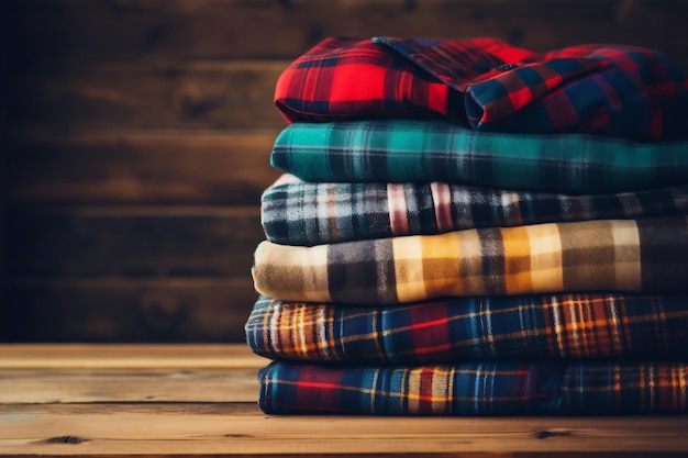 Pile de chemises en flanelle pour garde-robe d'automne sur une étagère en bois générative par AI