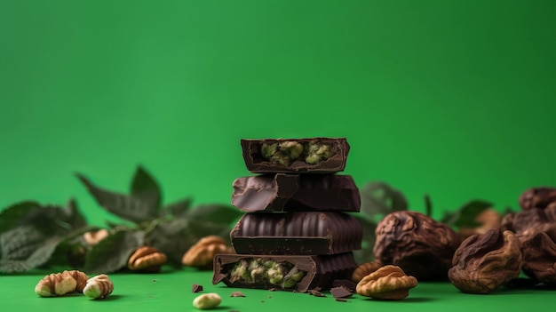 Photo une pile de chocolat noir cassé et de noix sur un fond de studio de couleur