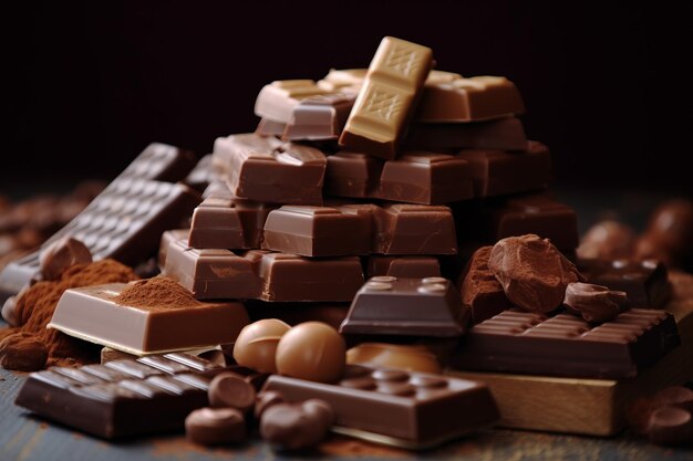 Une pile de chocolats et de barres sont sur une table.