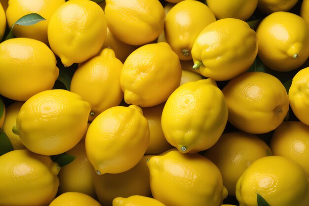 Une pile de citrons jaunes avec des feuilles vertes