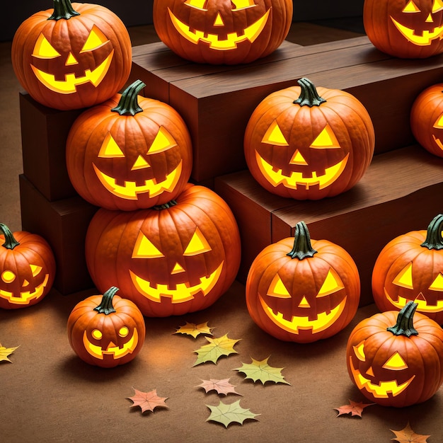 Une pile de citrouilles avec le mot halloween sur le devant