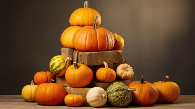 Une pile de citrouilles rustiques de différentes tailles