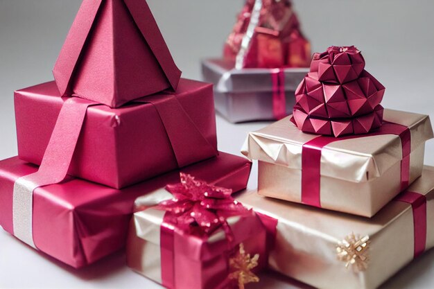 Pile de coffrets cadeaux de Noël en papier or et rouge