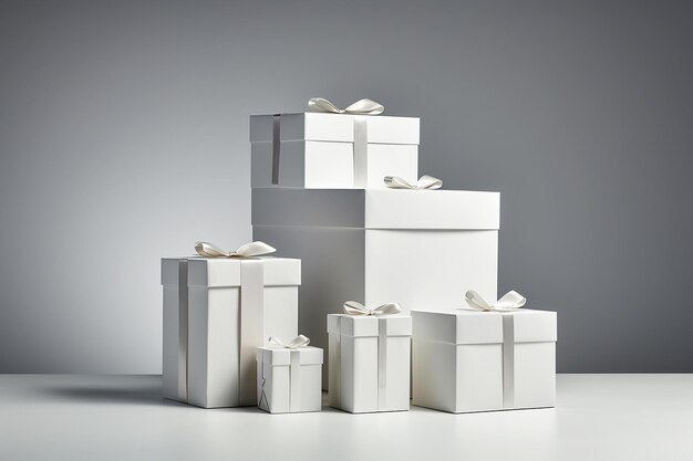 Pile de coffrets cadeaux de Noël Tas de boîtes de cadeaux emballées avec des arcs Composition avec fond Cadeau de Noël Saint Valentin Concept d'anniversaire Carte de bonne année