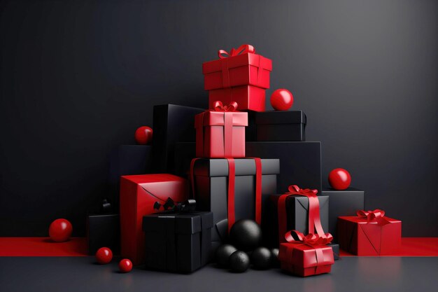 Pile de coffrets cadeaux noirs et rouges avec des arcs sur fond noir vendredi noir cyber lundi shopping