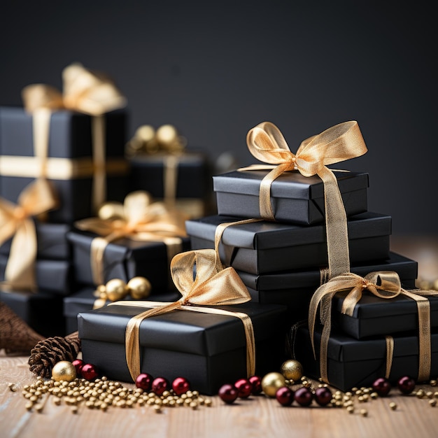 une pile de coffrets cadeaux noirs avec ruban d'or et ruban d'or.