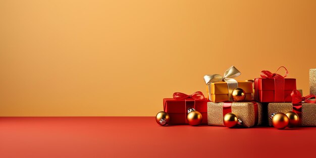 Une pile de coffrets cadeaux avec un ruban d'or et un fond rouge