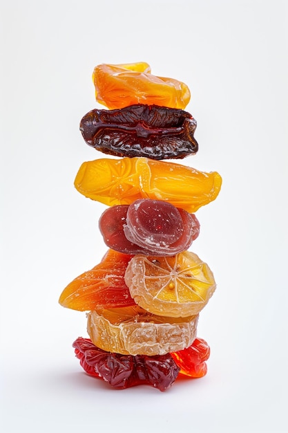 Une pile colorée de fruits confits et de dattes séchées sur un fond blanc