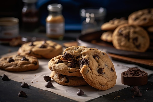 Une pile de cookies aux pépites de chocolat avec une pile de cookies sur une table.