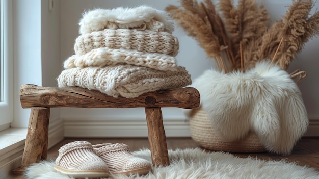 Une pile de couvertures sur un banc en bois