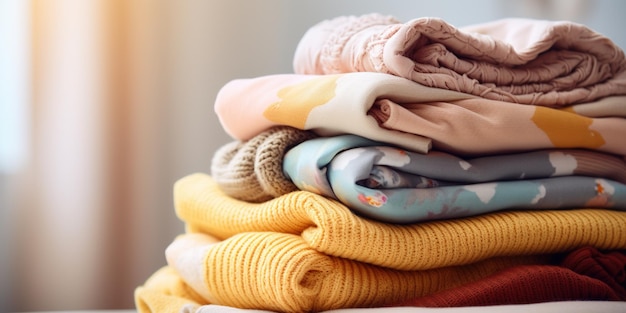 Une pile de couvertures et de couvre-lit pour bébés pliés en gros sur un fond clair