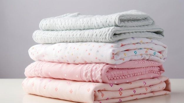 Pile de couvertures et couvre-lits pour bébé pliés en gros plan sur un fond clair