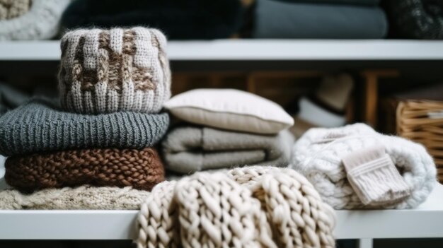 Une pile de couvertures et de pulls sur une étagère dans le magasin ai