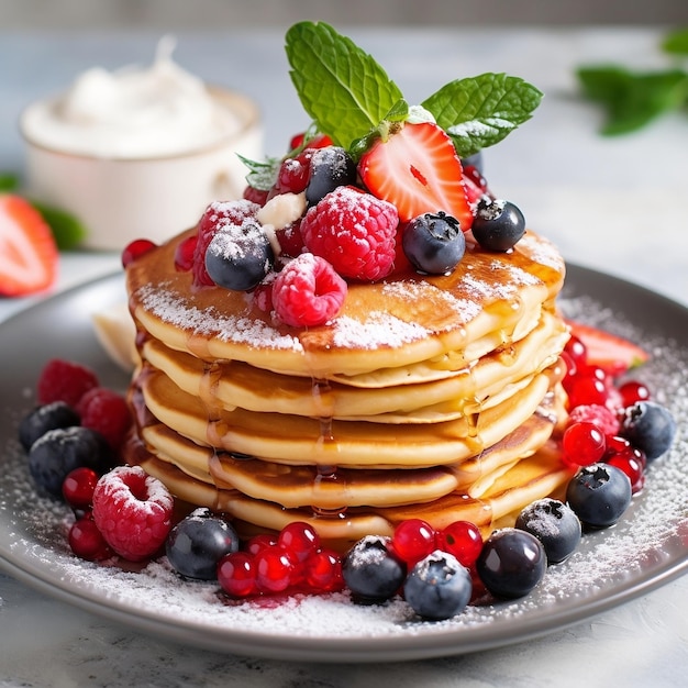 Pile de crêpes sur une assiette avec des baies dessusAI générée