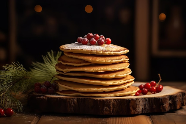 Pile de crêpes sur une assiette en bois rustique