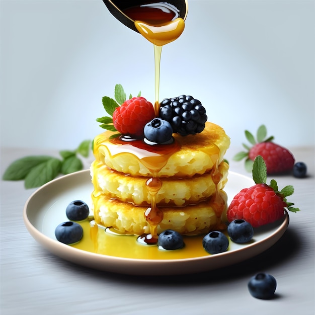 Pile de crêpes au fromage au miel myrtille fraises baies feuilles de menthe sur fond clair