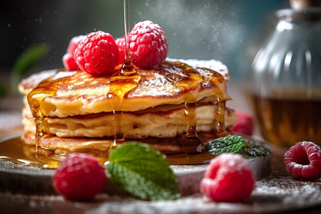 Une pile de crêpes au sirop et aux framboises Image AI générative