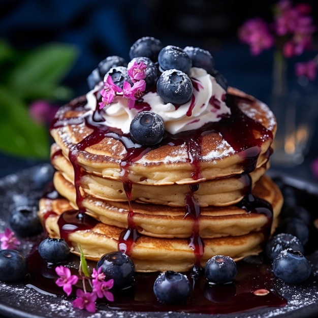 Une pile de crêpes aux myrtilles et crème fouettée sur le dessus.