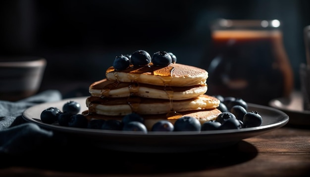 Une pile de crêpes aux myrtilles maison avec coulée de sirop de framboise générée par l'IA