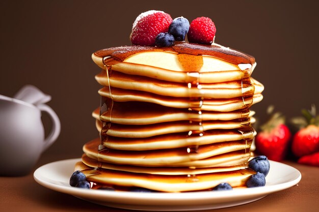 Une pile de crêpes aux myrtilles et une tasse de café sur le côté.