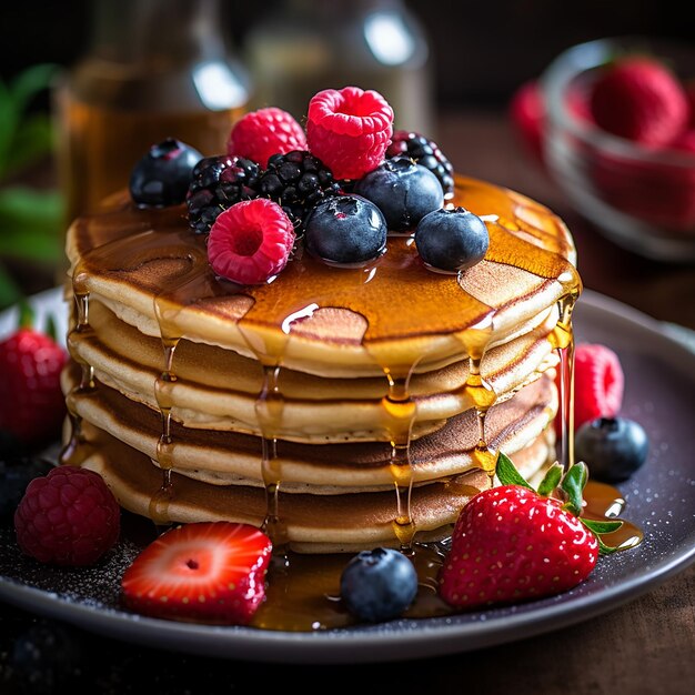 une pile de crêpes avec des baies et des baies dessus.