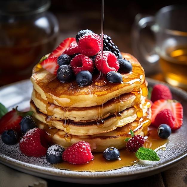 une pile de crêpes avec des baies et des baies sur le dessus.