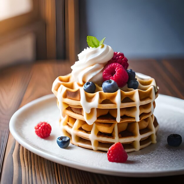 Une pile de crêpes avec des baies et de la crème sur le dessus.