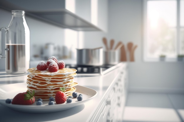 Une pile de crêpes avec des baies dessus.