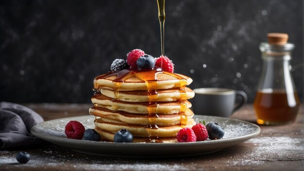 Une pile de crêpes avec des baies et du sirop