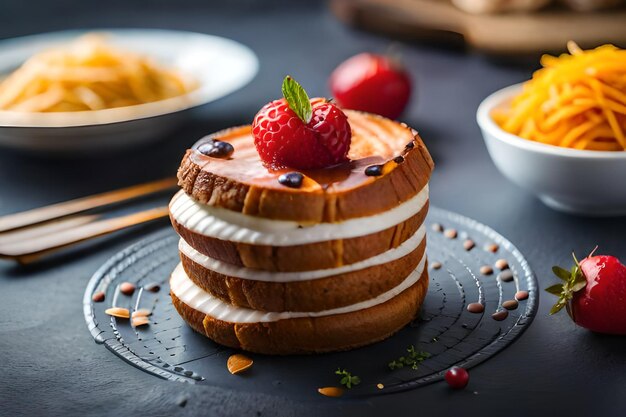 une pile de crêpes avec des baies et des fraises sur le dessus.