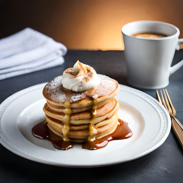 Une pile de crêpes avec de la crème fouettée et une tasse de café sur le côté.